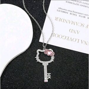 Sanrio Hello Kitty Key Pink Bow Rhinestone Pendant Necklace NEW